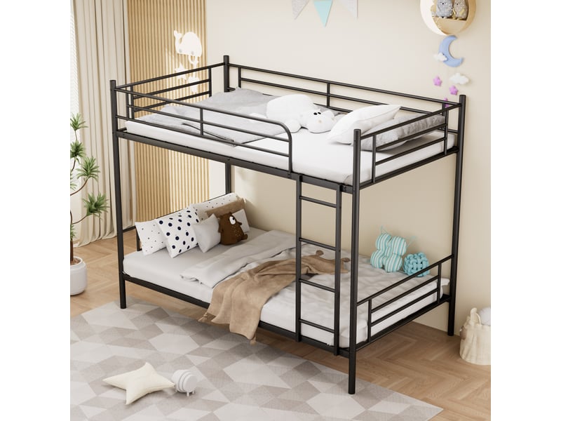 Lit superposé 90x190 cm, structure métallique, coloris noir, escalier sécurisé, garde-corps, conception fonctionnelle, gain de place optimisé - Conforama E