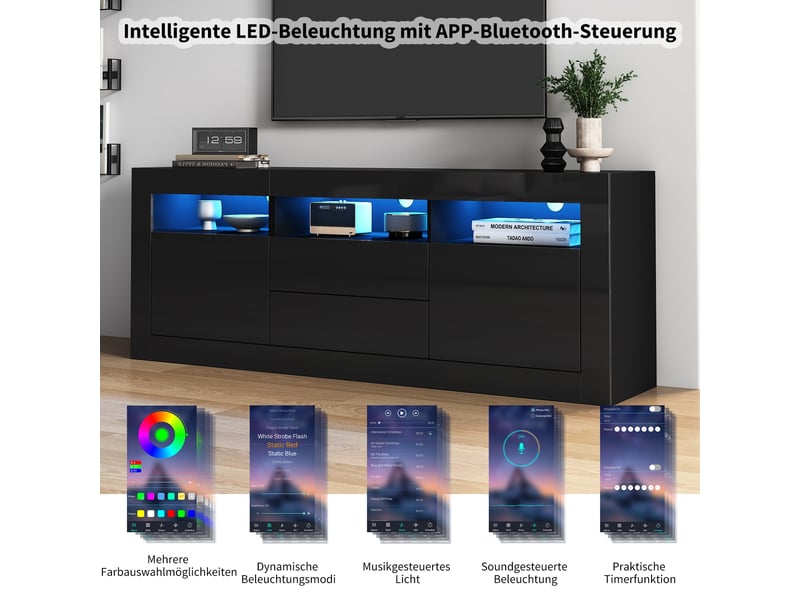  Meuble tv avec 2 portes, 2 tiroirs et 3 niches led pour salon 160×35×60 cm en panneaux de particules noir  - Conforama C