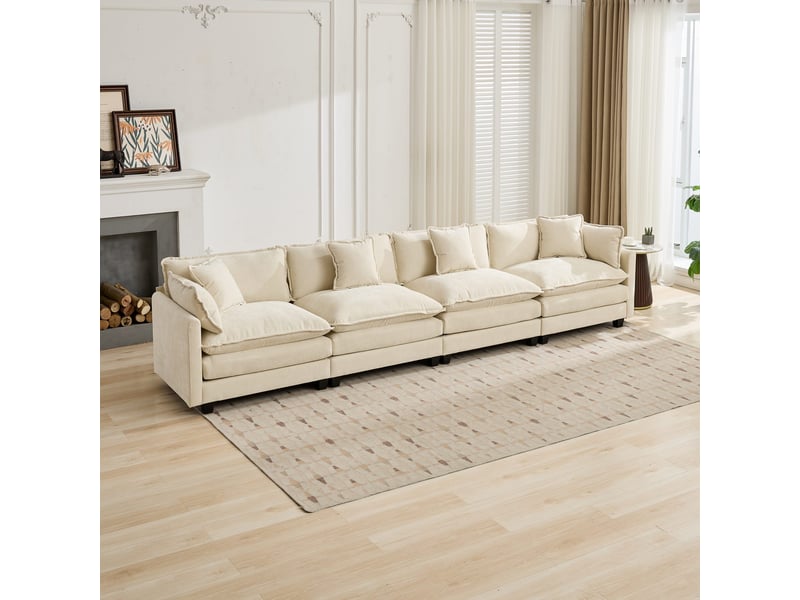 Canapé 4 places en chenille beige, canapé modulable et rembourré double couche pour salon et appartement ,pouf non inclus - Conforama R
