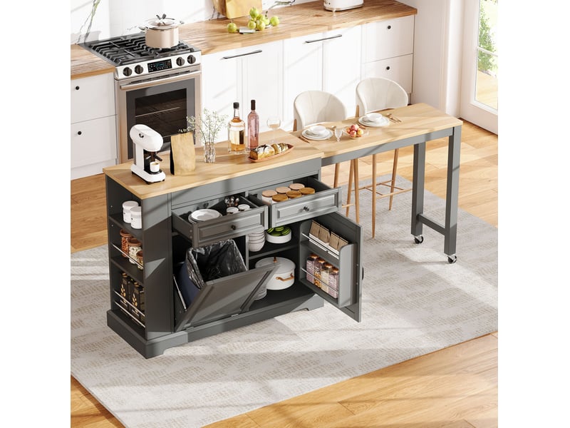  Desserte de cuisine mobile avec 2 tiroirs, 2 portes, tablette extensible et compartiment à déchets latéral en mdf gris  - Conforama E
