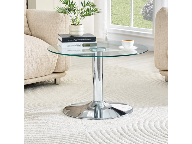  Table basse ronde avec plateau en verre trempé et piètement en métal, style moderne, pour salon, argent, 70 × 45 cm  - Conforama C