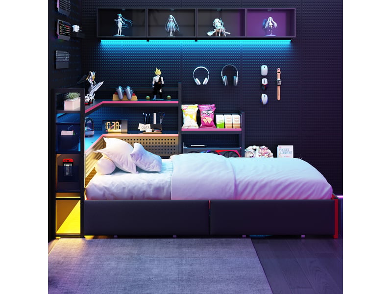  Lit simpple 90x200 cm, style gaming, 3 tiroirs, lit enfant, led, panneau perforé, rangement, métal noir sans matelas  - Conforama B