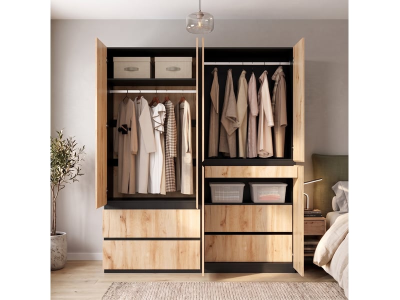  Armoire battante 180x50x200 cm, 2 tringles, 5 tiroirs, mdf, couleur bois et noir  - Conforama D