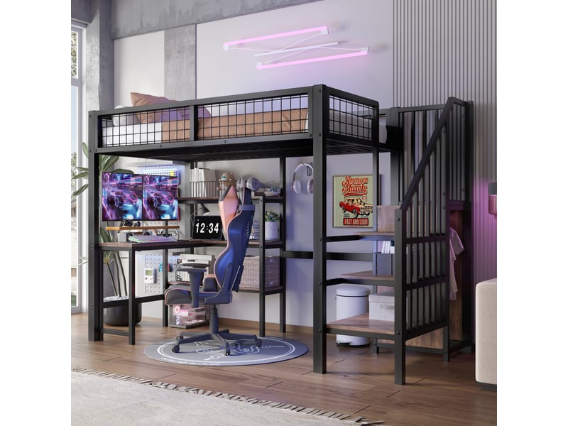  Lit mezzanine 90x200 cm avec bureau, étagères et armoire noir et marron  - Conforama D