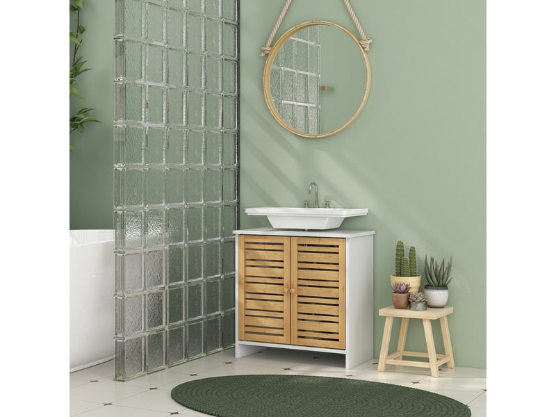  Meuble sous-évier moderne avec portes magnétiques en bambou et étagère réglable 60 x 30 x 60 cm blanc et naturel  - Conforama D