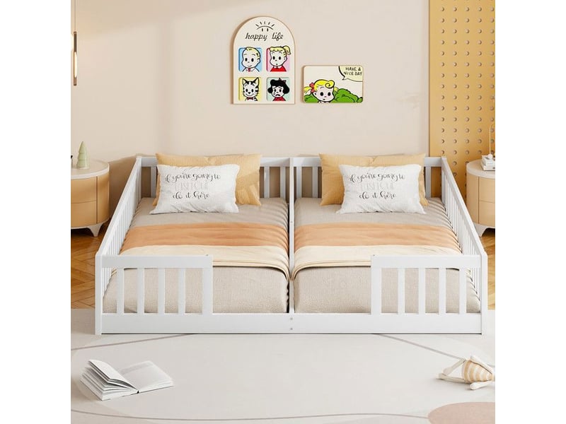  Lit enfant avec garde-corps - 90x200 cm - blanc - bois de pin - sommier à lattes - barrières de sécurité CYQ-N636P206438K - Conforama B