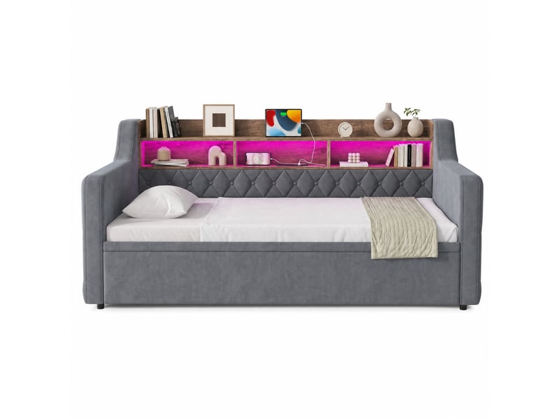  Lit banquette 2 places 90x190 cm en velours avec lit gigogne, rangement, led, usb et type-c, sans matelas, gris foncé  - Conforama A