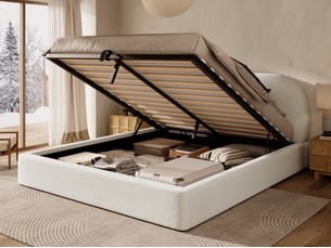 Lit coffre 180 × 200 cm, bouclé, sommier à lattes, tête de lit rembourrée, rangement, ouverture hydraulique, beige