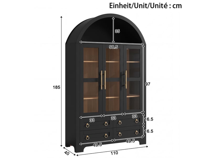  Vitrine style vintage à arche, 110 x 40 x 185 cm, avec 3 portes, 4 tiroirs et une niche ouverte en forme d'arche, coloris noir  - Conforama C
