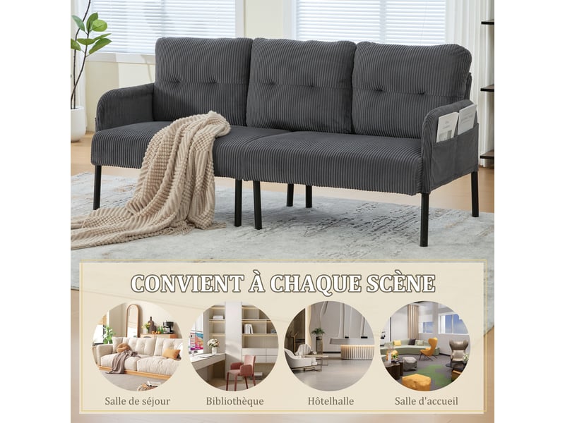  Canapé droit fixe 3 places en velours côtelé gris 171 x 72 x 80 cm avec poche latérale, salon chambre bureau 171x72x80cm - Conforama W