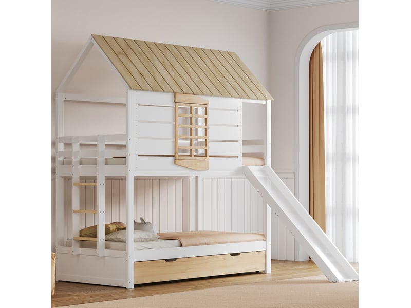 Lit superposé enfant 90x200, bois, en mdf, toboggan et lit gigogne en forme de maison, naturel et coloris blanc, sans matelas - Conforama D