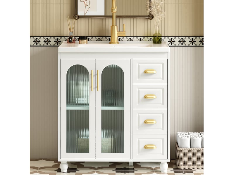  Meuble sous vasque avec 2 portes et 4 tiroirs, vasque en céramique pour salle de bain, blanc 80 × 47 × 90 cm  - Conforama B
