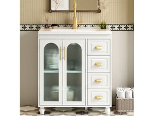 Meuble sous vasque avec 2 portes et 4 tiroirs, vasque en céramique pour salle de bain, blanc 80 × 47 × 90 cm