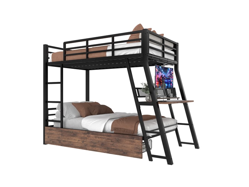  Lit mezzanine 90 x 200cm sans matelas, structure métal, led, tiroirs, bureau, échelle, noir  - Conforama A