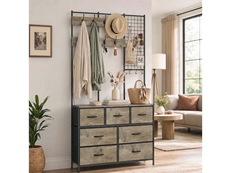  Meuble d'entrée 4 en 1 style industriel multi-rangement métal noir effet bois gris  - Conforama E
