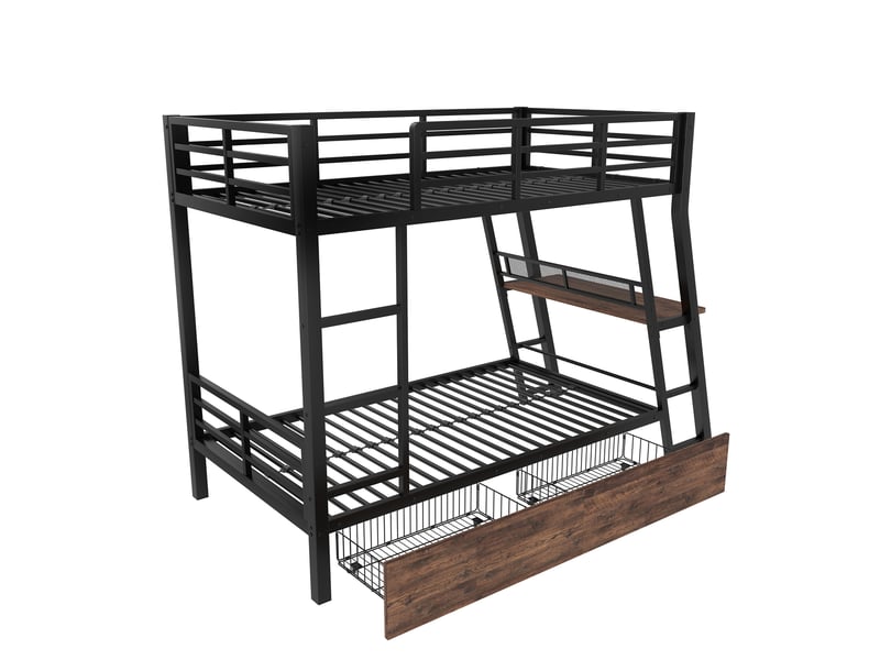  Lit mezzanine noir 90 × 200 cm, bureau, led, tiroirs, escalier et garde-corps  - Conforama D