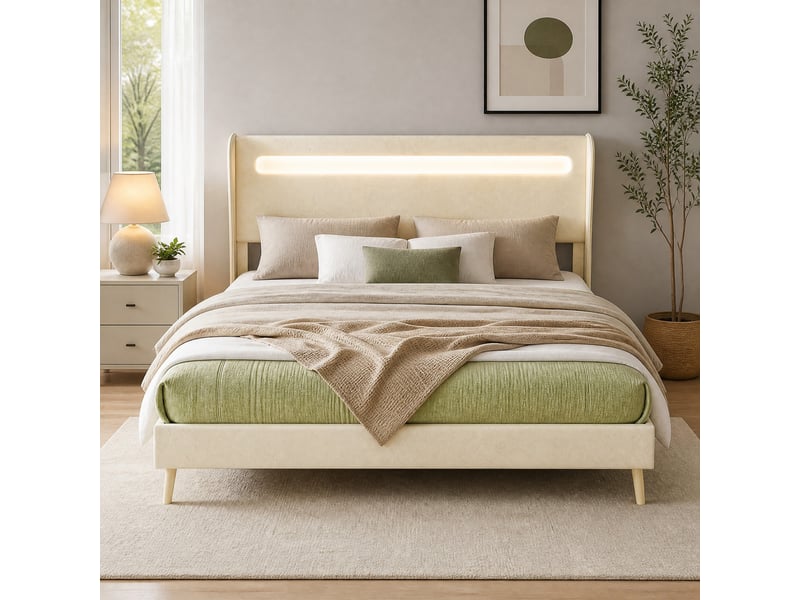 Lit adulte 160x200 cm en tissu beige avec tête de lit led réglable - Conforama B