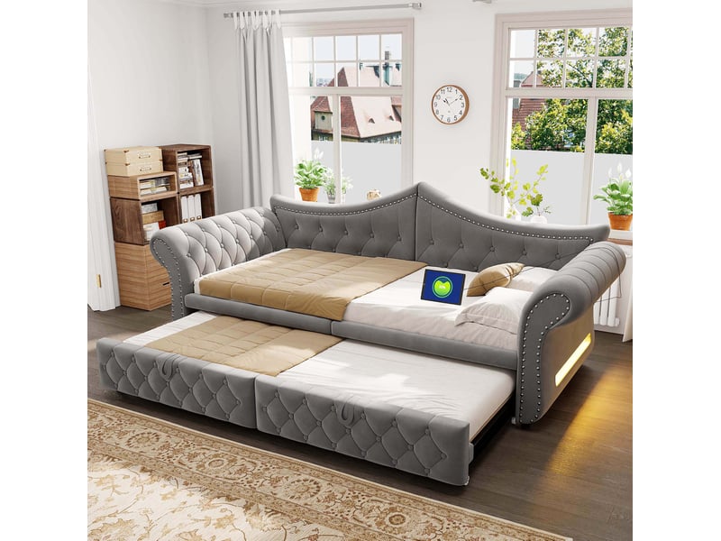  Lit gigogne 90x200 cm en velours gris avec led et port usb  - Conforama B