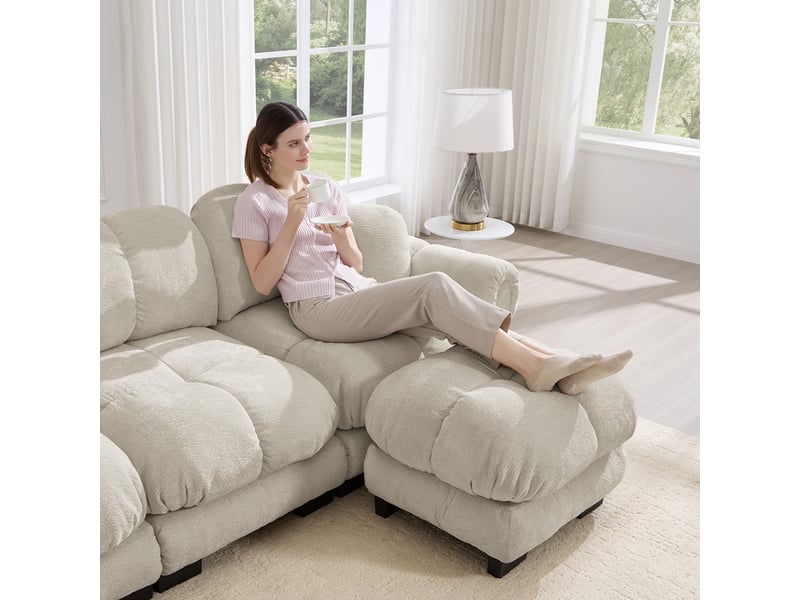  Canapé modulable en u 3 places avec ottomane et coussins décoratifs en tissu beige  - Conforama D