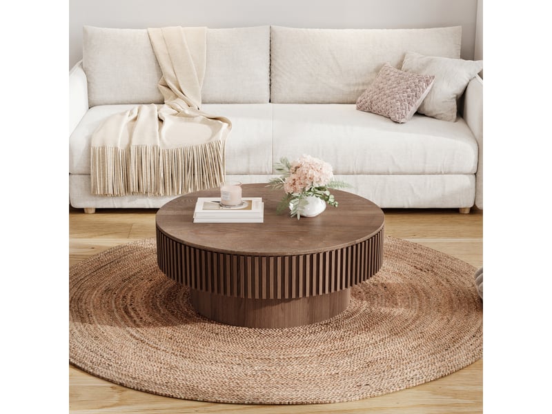  Table basse de salon, 75 cm, forme ronde, avec rangement, en bois massif et placage bois, coloris noyer, pour salon, chambre et bureau  - Conforama R