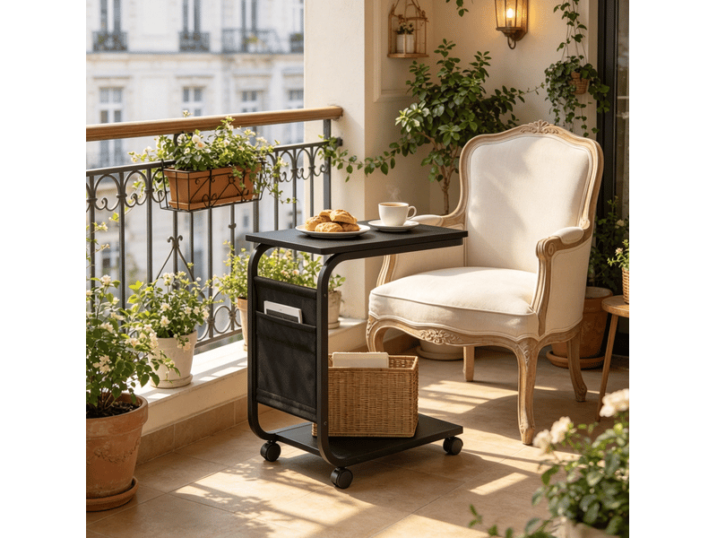  Table d'appoint pour canapé 50x35x62 cm sur roulettes avec poche latérale noire  - Conforama D