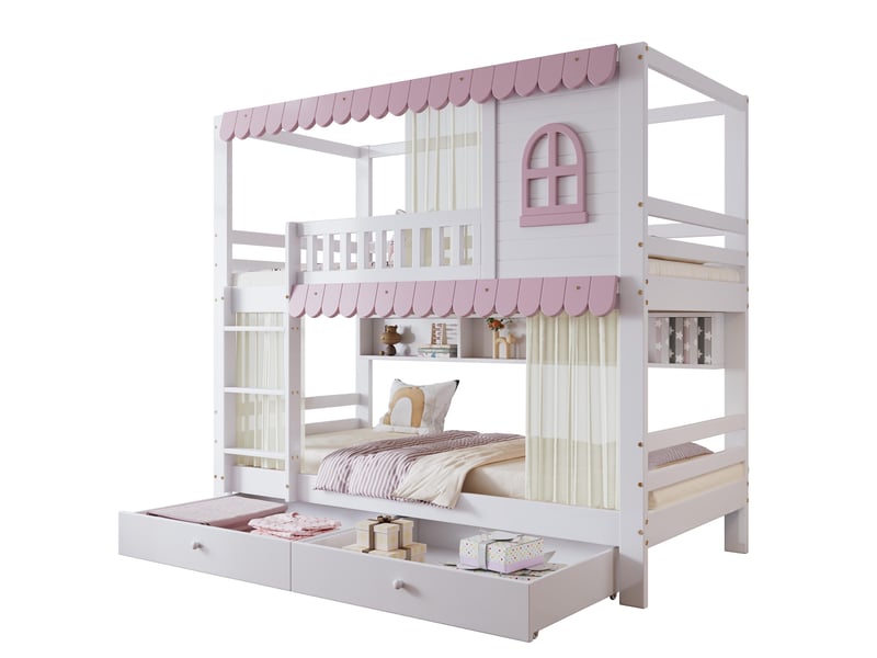 Lit superposé 90x200 cm, lit enfant avec fenêtres et rideaux de jeu, en bois de pin et mdf avec 2 tiroirs de rangement et étagères, blanc et rose - Conforama A