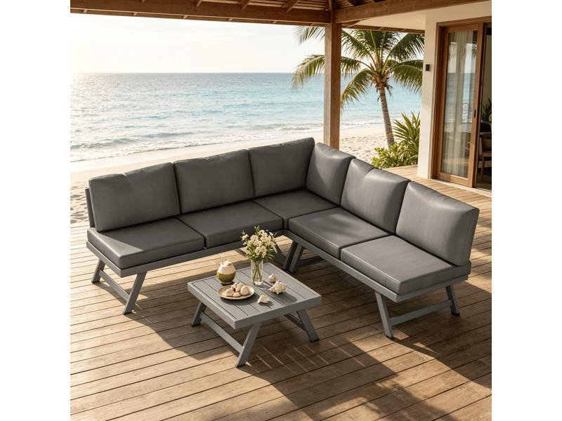  Canapé d'angle extérieur - ensemble 4 pièces - 2 canapés 2 places - fauteuil d'angle - table basse - 11 coussins Gris - Conforama B