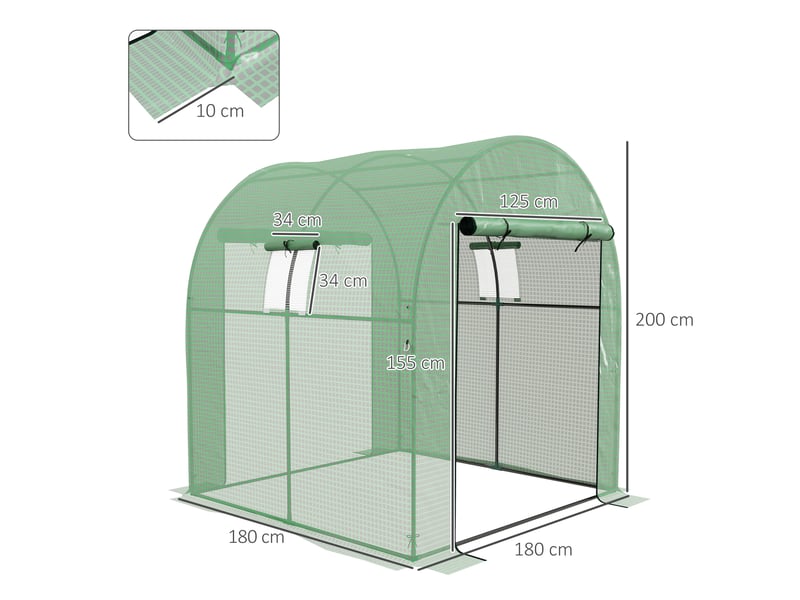  Serre tunnel avec 2 portes enroulables, 2 fenêtres grillagées et structure en acier, bâche pe 135 gm², anti-uv, verte  - Conforama E
