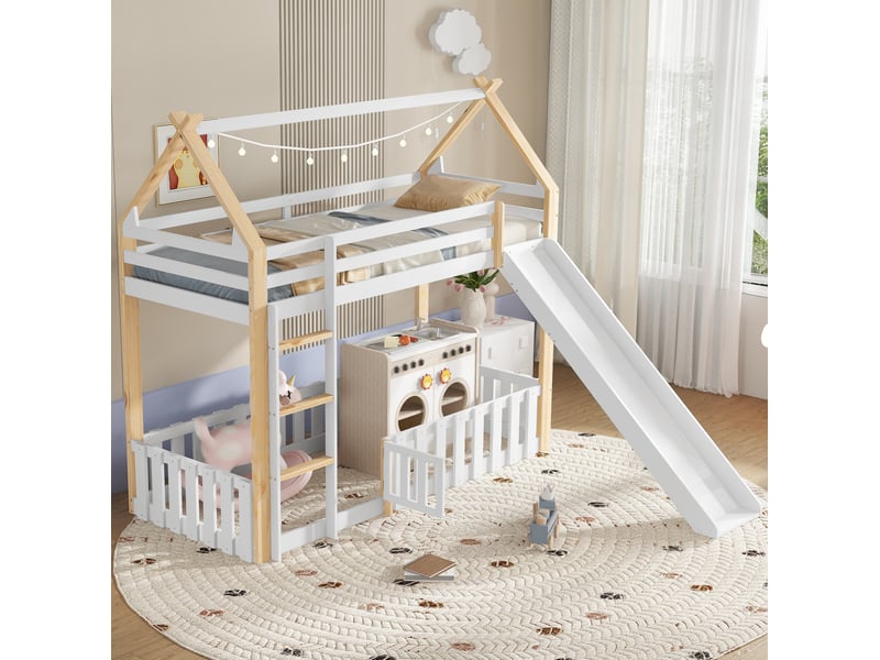  Lit superposé enfant 90x200 cm, toboggan, espace de jeu, toit, 1 sommier, structure mdf, blanc naturel, sans matelas  - Conforama D