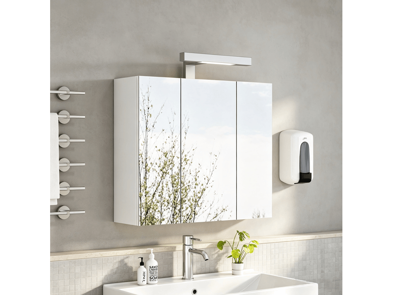  Armoire de salle de bains murale blanche 60 cm à 3 portes miroir, led et prise schuko, rangement pratique  - Conforama B