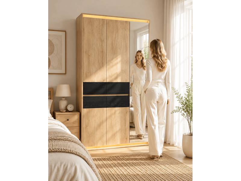  Armoire 110x47x200 cm avec miroir, led, 4 tiroirs, décor chêne et anthracite  - Conforama E