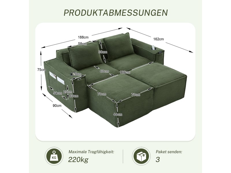  Canapé modulaire 2 places avec 2 poufs et porte-gobelets - lpospi - poches latérales, velours côtelé vert  - Conforama D