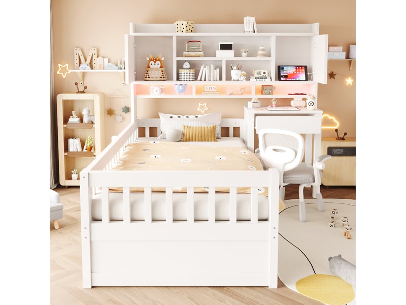 Lit enfant 90x200 cm, bureau à tiroirs, rangements, led, prise, barrières, bois, mdf, blanc et gris, sans matelas - Conforama D