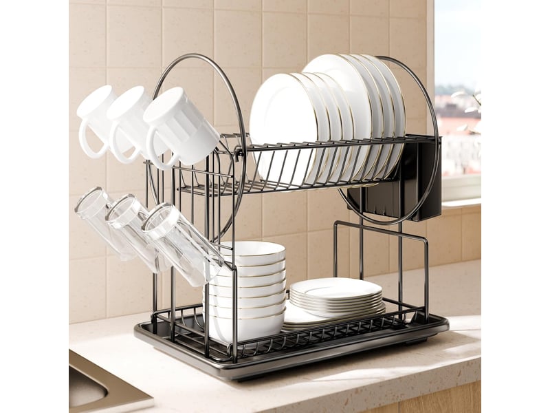  Egoutoire vaisselle cuisine noir à 2 niveaux en, inox avec porte-ustensiles et bac d'égouttement  - Conforama E