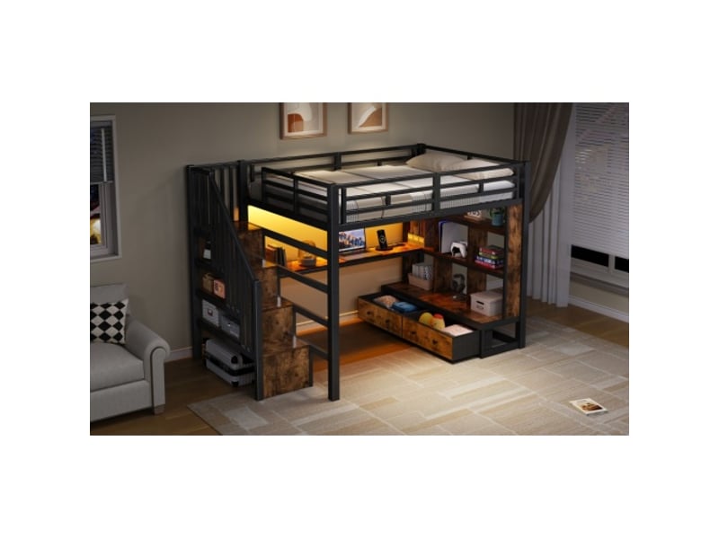  Lit mezzanine en métal noir 140x200 cm avec bureau intégré, étagères, 2 tiroirs et escalier de rangement  - Conforama E