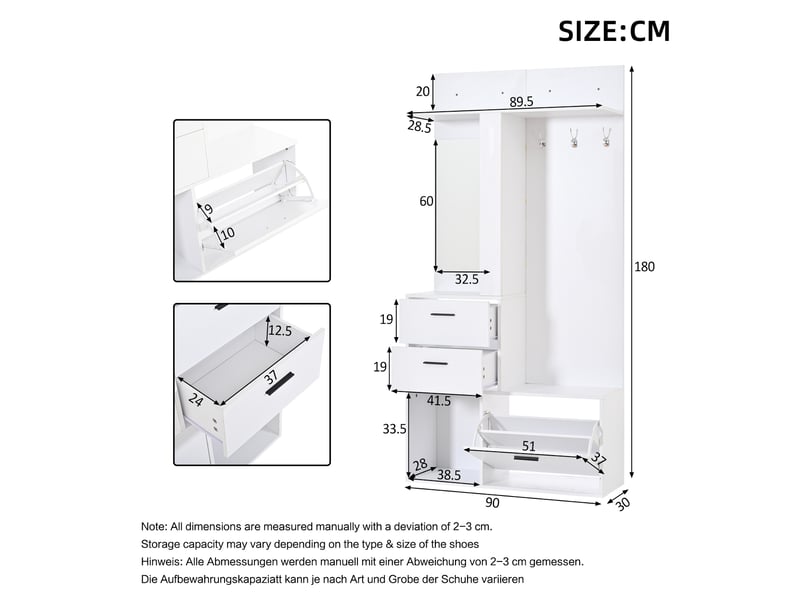  Meuble d'entrée avec miroir, 2 tiroirs, range-chaussures rabattable et 3 crochets, mdf blanc, 90 × 30 × 180 cm  - Conforama E