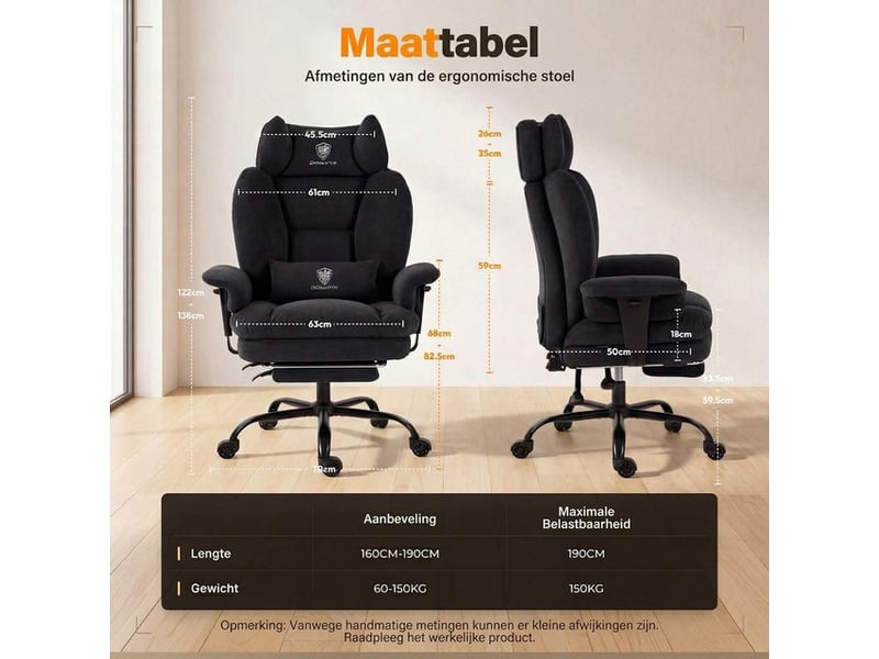  Dowinx fauteuil de bureau ergonomique gaming avec repose-pieds, dossier réglable, tissu respirant et velours, pour adulte, noir  - Conforama C