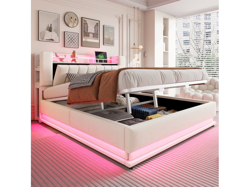  Lit coffre 180 x 200 cm led, ports usb et prises, velours beige, sommier métal  - Conforama D