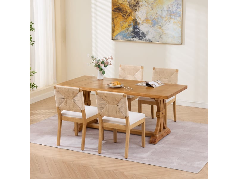  Lot de 2 chaises de salle à manger en bois avec dossier en cannage, assise rembourrée en tissu aspect lin, beige  - Conforama B