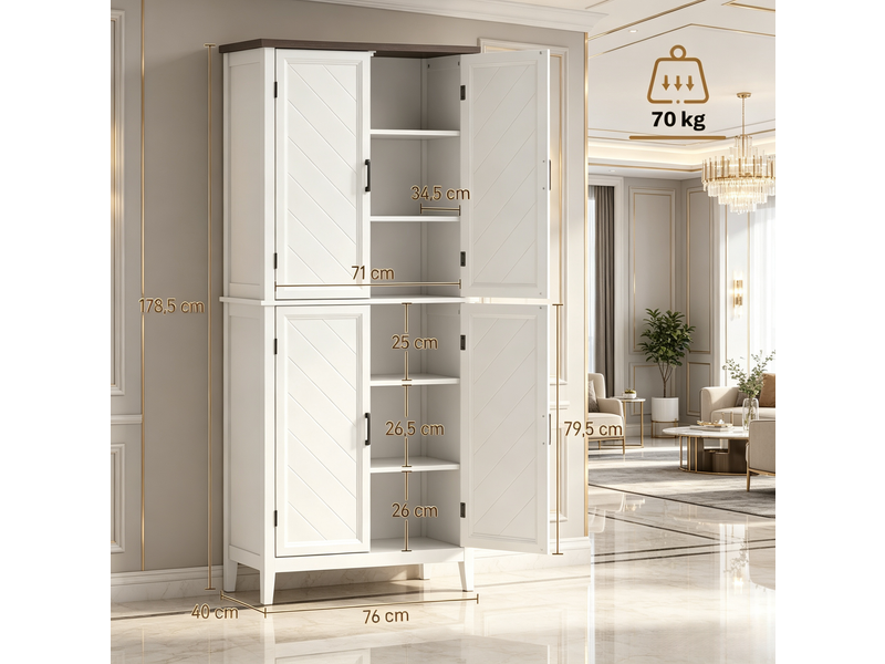  Buffet de cuisine haut avec 4 portes, 6 niveaux et 4 étagères réglables, blanc  - Conforama C