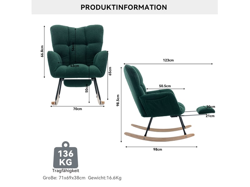  Fauteuil à bascule vert en tissu teddy avec repose-pieds extensible  - Conforama C