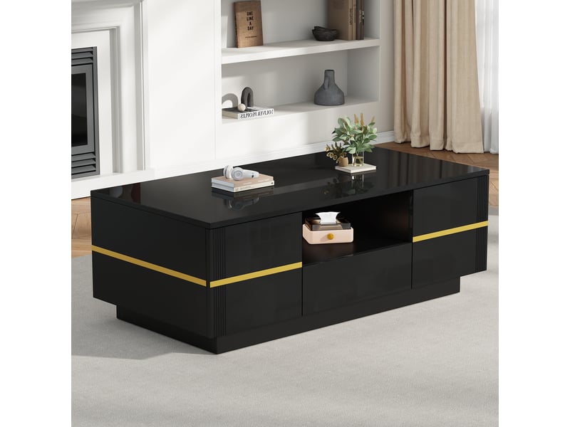  Table basse avec 2 portes, 1 tiroir et niche ouverte, noire avec accents dorés, en mdf, 100 × 50 × 35,5 cm  - Conforama C