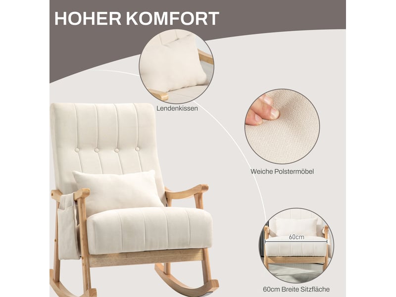 Chaise à bascule rembourrée avec coussin lombaire et poche latérale, cadre en bois et polyester beige 90 × 65 × 98 cm - Conforama E