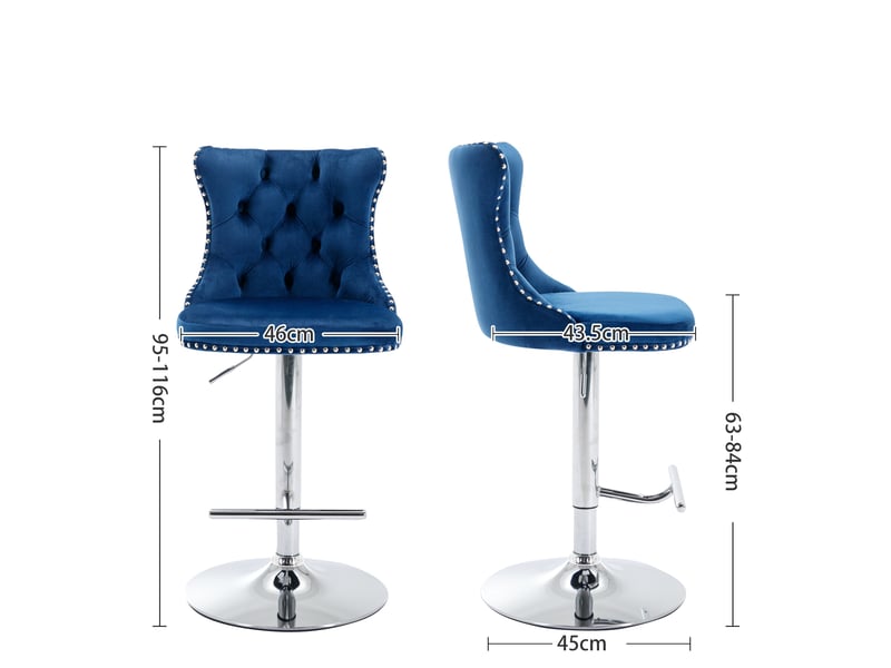  Lot de 2 tabourets de bar pivotants en velours bleu, dossier capitonné, piètement chromé, réglables  - Conforama C