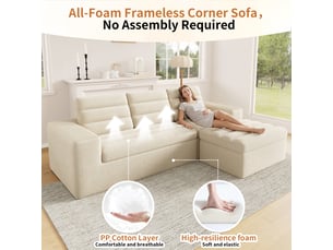 Canapé d'angle modulable en l, velours côtelé beige, canapé nuage 4 places sans armature avec pouf pour salon et grand appartement.