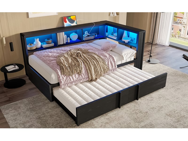  Lit gigogne 90 × 200 cm en métal et mdf, rangements intégrés, éclairage led et ports usb, couchage supplémentaire, noir  - Conforama B