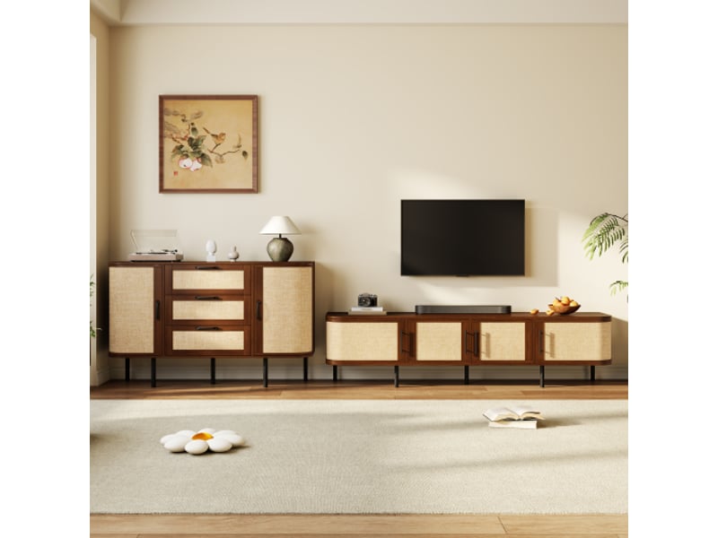  Ensemble meuble tv cannagé – bahut et meuble tv bas, mdf noir, poignées noires et pieds en métal – salon moderne  - Conforama B