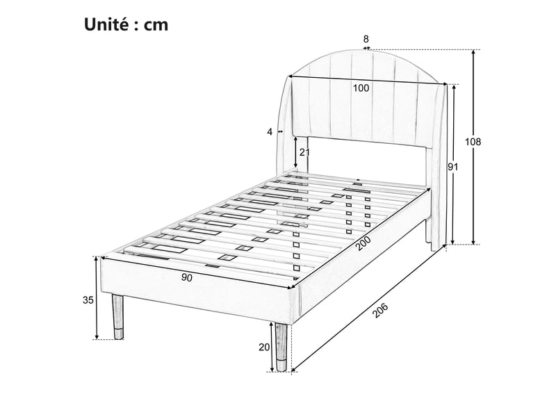  Lit simple 90x200 cm - lit capitonné adolescent - velours - sans matelas - rose  - Conforama C