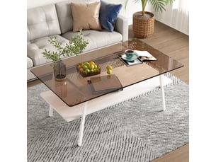 Table basse rectangulaire en verre trempé avec étagère mdf - pieds métal blancs verre brun 98 × 58 × 42,5 cm