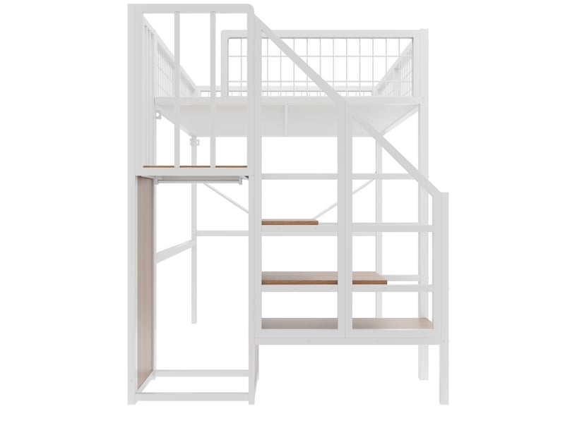  Lit mezzanine 140x200 cm – blanc – échelle avec rangement, penderie, led et garde-corps métal sans matelas  - Conforama E
